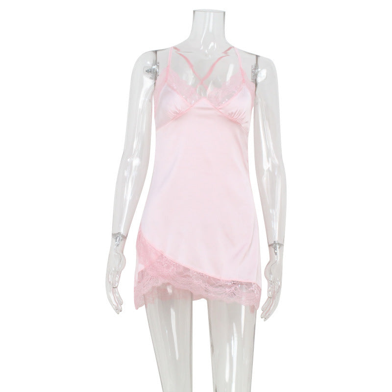 Summer V neck Lace Edge Dress Satin Skin Friendly Sexy Pink Sling Pajamas Bella Mia